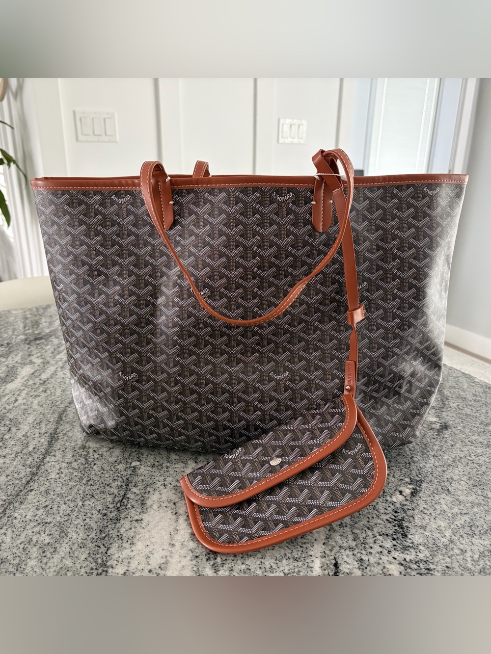 Brown Patterned Tote Bag with Tan Trim